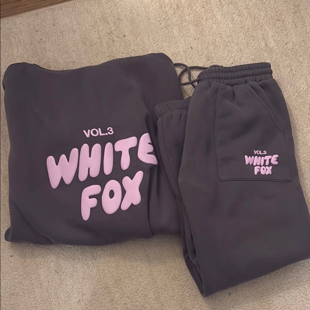 White Fox Gray and Pink Hoodie and Sweatpants Set